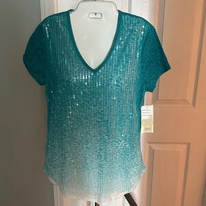Reba NWT Teal Sequin Short Sleeve Top size M
